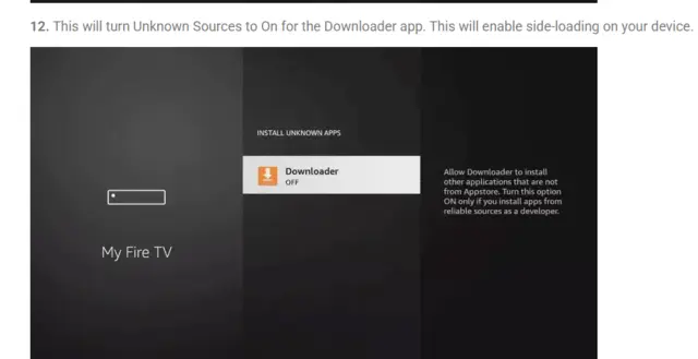 Fire Stick Install unknown apps screen with Downloader selected